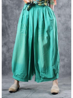 fashion women cotton green crop pants plus size elastic waist wide leg pants