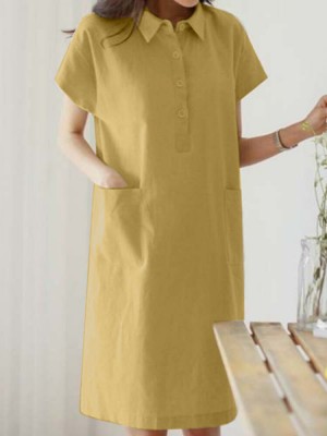 Solid Pocket Button Lapel Short Sleeve Casual Midi Dress