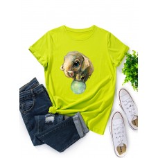 Women Cute Cartoon Elephant Graphic Print Multi  Color O  Neck Short Sleeve Casual T  Shirt