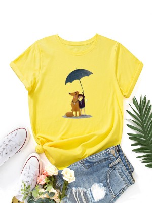 Women Cartoon Dog And Figure Graphic O  Neck Short Sleeve Casual T  Shirts