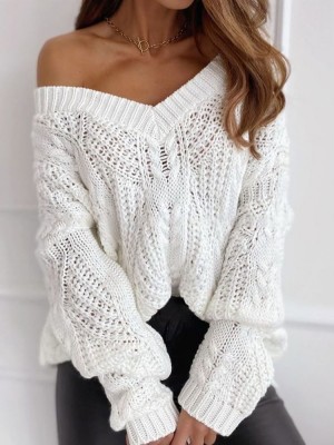 Women V  Neck Solid Color Knitting Hollow Out Casual Sweaters