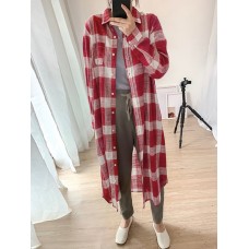 Women Plaid Commute Business Outer wear Bottom Down Front Loose Shirt Dress Cardigans