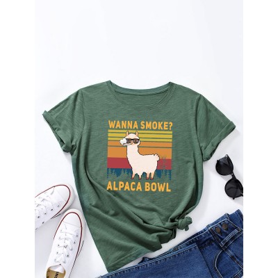 Cartoon Cat Slogan Print Round Neck T  shirt For Women