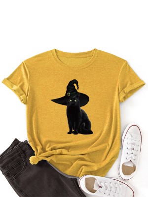 Women Black Cat Pattern Print O  Neck Short Sleeve Casual Thin T  Shirt