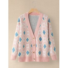 Women Argyle Pattern Geometric Knitted Casual Animated Button Cardigan