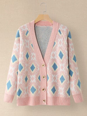 Women Argyle Pattern Geometric Knitted Casual Animated Button Cardigan