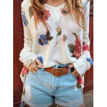 Women Floral Print V  Neck Knitted Casual Long Sleeve Sweaters