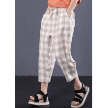 khaki plaid cotton pants plus size drawstring casual pants