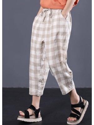 khaki plaid cotton pants plus size drawstring casual pants
