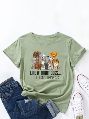 Letters Cartoon Dog Print Women Round Neck T  shirt For Women
