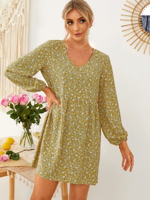 Ditsy Floral V  Neck Ruched Regular Fit Long Sleeve Dress