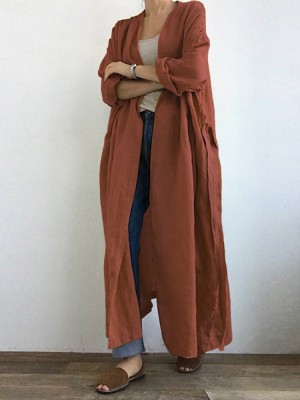 Women 100  Cotton Lace  up V  Neck Side Pockets Mid  Calf Length Cardigan