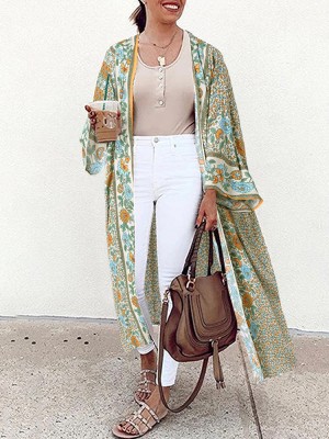 Women Floral Print Bohemian Vintage Long Sleeve Long Cardigan
