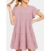 Round Neck Ruffle Button Pleat Short Sleeve Mini Dress