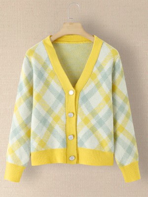 Women Plaid V  Neck Knitted Elastic Cuff Color Block Cardigan