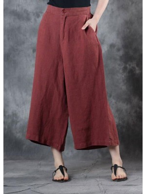 2019 red loose linen pants fall women pockets wide leg pants