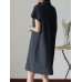 Solid Pocket Button Lapel Short Sleeve Casual Midi Dress