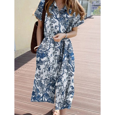 Cottagecore Plant Print Pocket Lapel Short Sleeve Shirt Dress