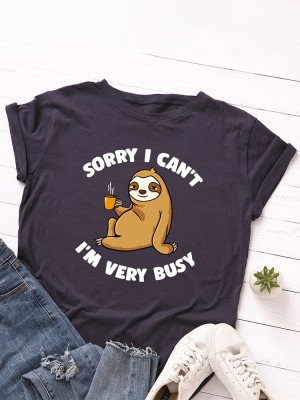 Women Cute Sloth Cartoon Slogan Print O  Neck Casual Short Sleeve T  Shirt