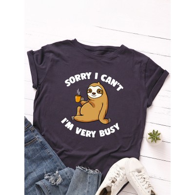 Women Cute Sloth Cartoon Slogan Print O  Neck Casual Short Sleeve T  Shirt