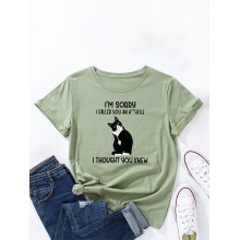 Letters Cartoon Cat Print Round Neck T  shirt For Women